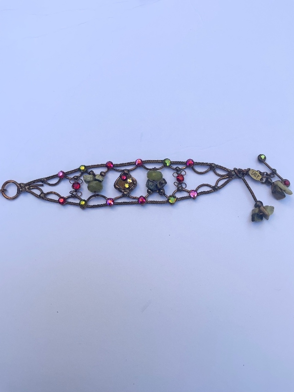 Vintage LAIY Signed Mixed Media Statement Bracelet - Copper, Glass & Stones